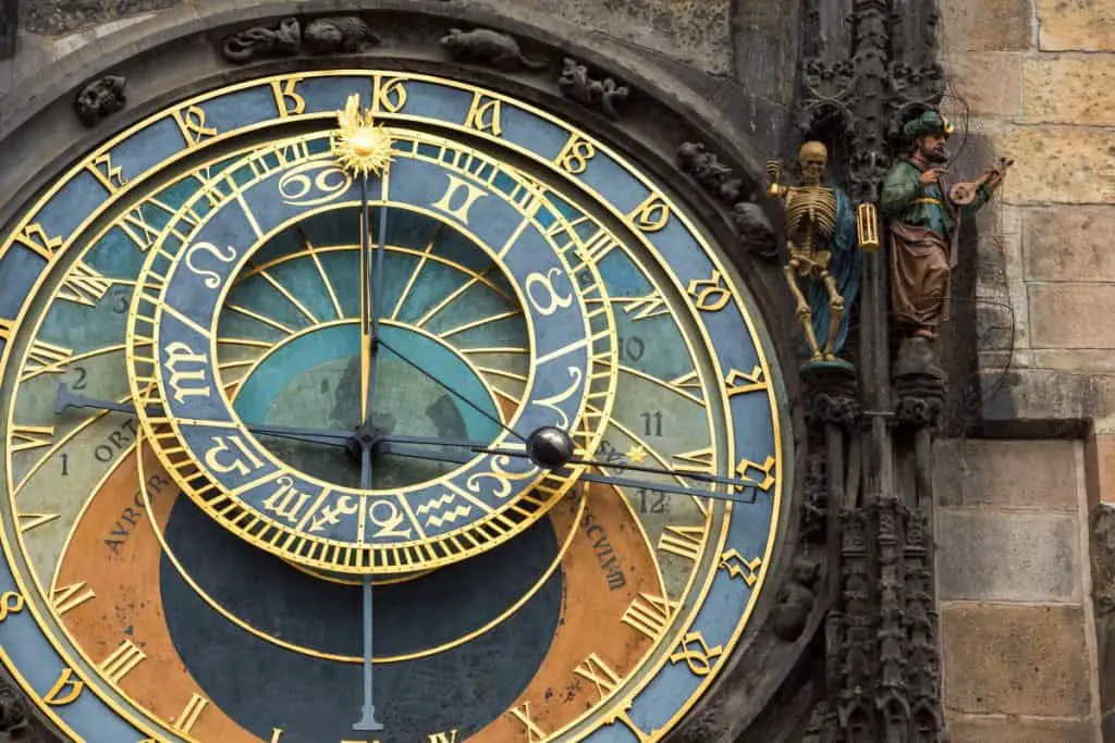 This is a super cool astronomical clock in Prague. It won't tell you the weather, but it will tell you the month which should give you a pretty good shot at guessing what the weather may be like.