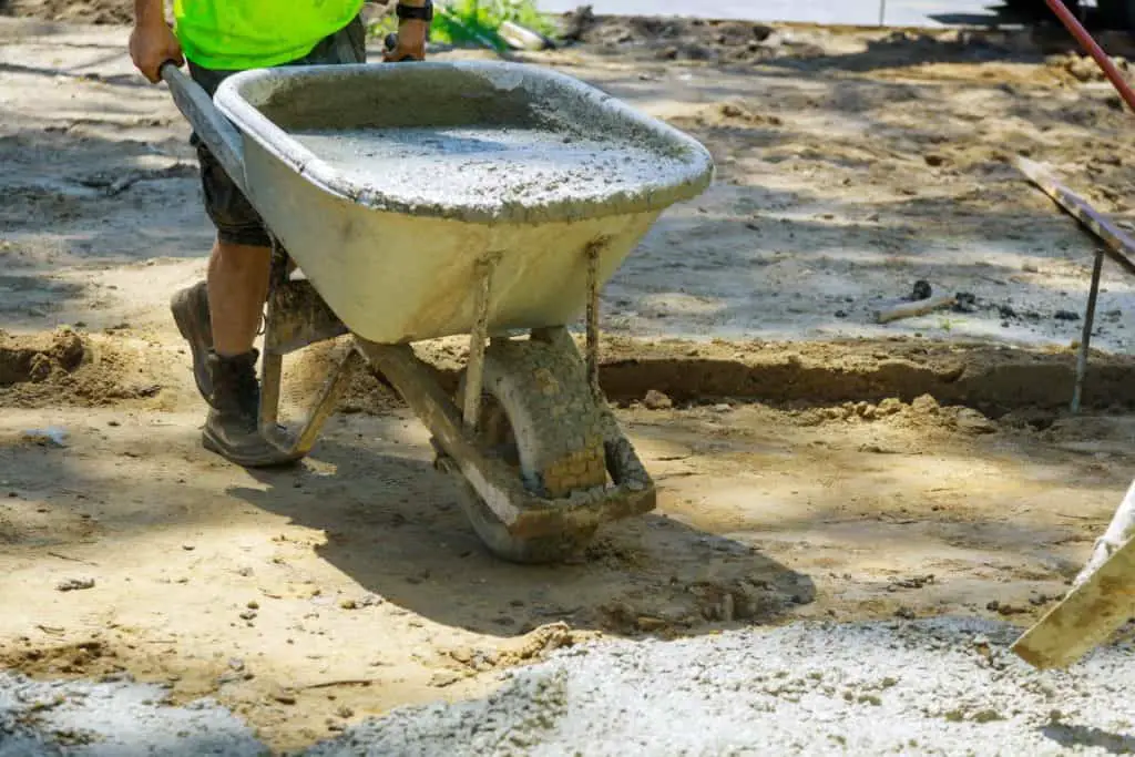 Mixed concrete in a wheelbarrow